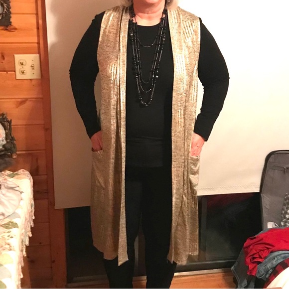 Expresso Long Gold Shine Vest with Pockets 97% Poly 3% Spandex Med or Large - Picture 16 of 16